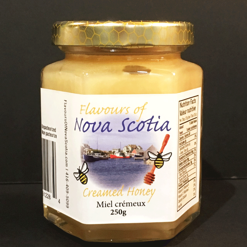 Nova Scotia honey is creamed to create a creamy and delicious spread. This honey comes in a 250 gram glass jar. 