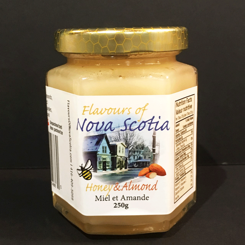 Nova Scotia honey is creamed and combined with crushed almonds to create a delicious and refreshing taste. This honey comes in a 250 gram glass jar. 