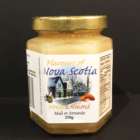 Nova Scotia honey is creamed and combined with crushed almonds to create a delicious and refreshing taste. This honey comes in a 250 gram glass jar. 