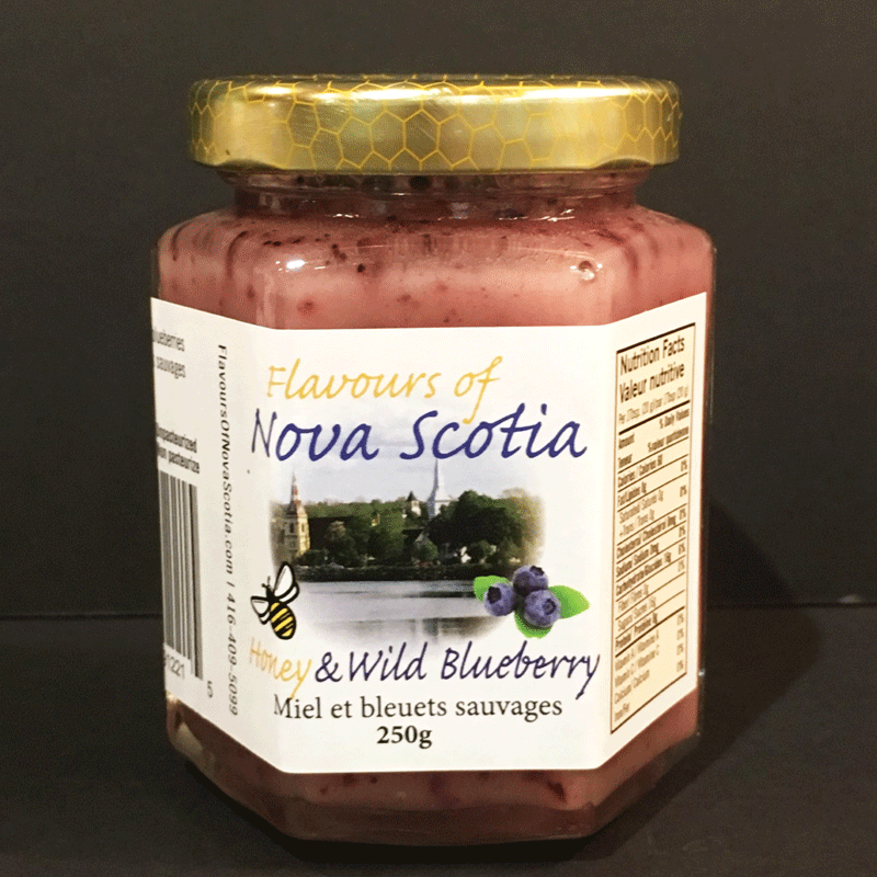 Nova Scotia honey is creamed and combined with wild blueberries to create a delicious and refreshing taste. This honey comes in a 250 gram glass jar. 