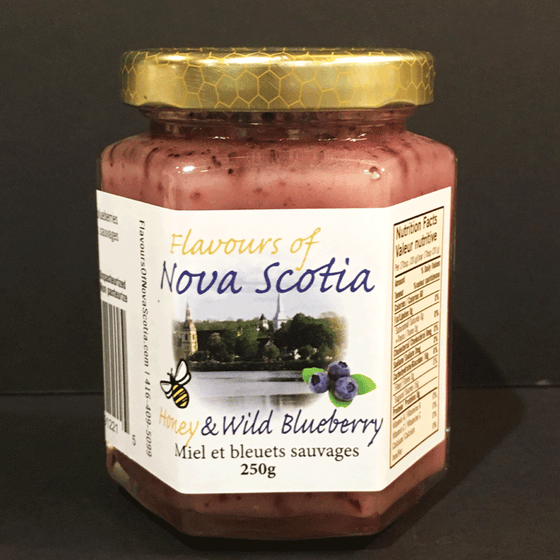 Nova Scotia honey is creamed and combined with wild blueberries to create a delicious and refreshing taste. This honey comes in a 250 gram glass jar. 