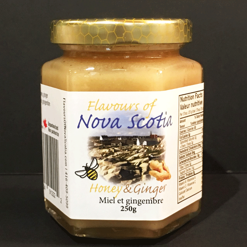 Nova Scotia honey is creamed and combined with ginger to create a delicious and refreshing taste. This honey comes in a 250 gram glass jar. 