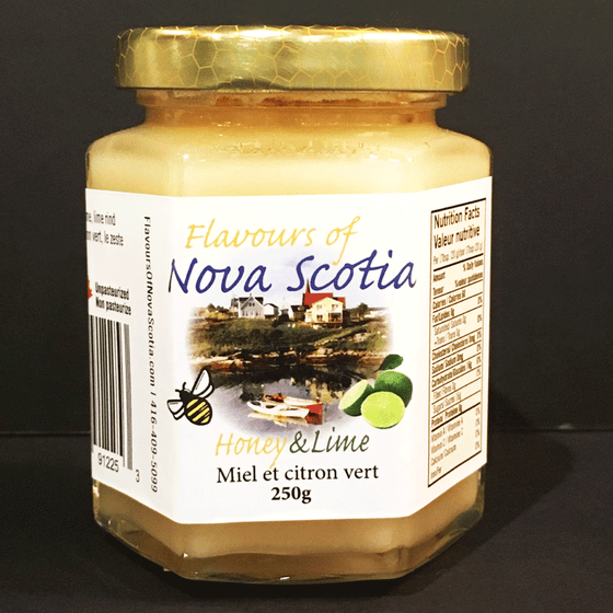 Nova Scotia honey is creamed and combined with limes to create a delicious and refreshing taste. This honey comes in a 250 gram glass jar. 