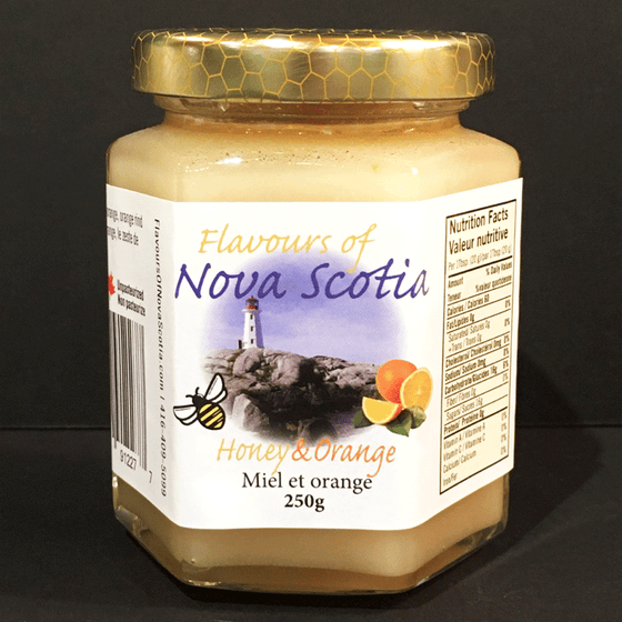 Nova Scotia honey is creamed and combined with oranges to create a delicious and refreshing taste. This honey comes in a 250 gram glass jar. 