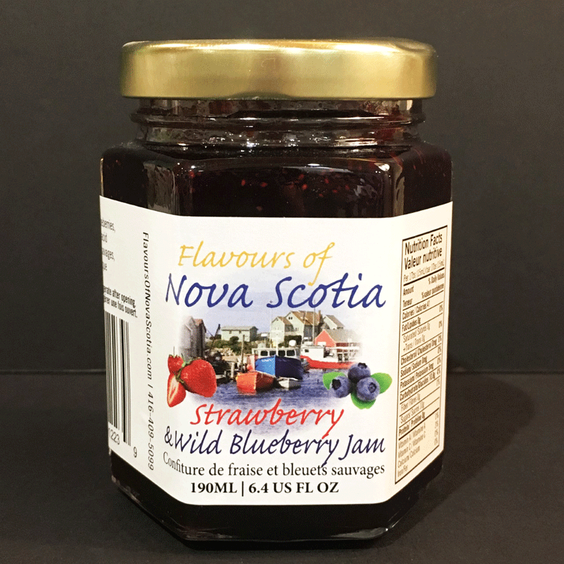 Nova Scotia strawberries and wild blueberries are crushed and mixed together to create this delicious jam. Each glass jar contains 190 mL / 6.4 US fl oz of jam. 